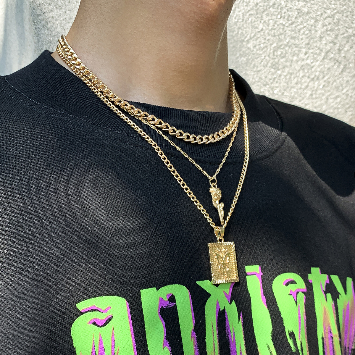 Hip hop punk tide  men  creative simple three layer chain necklace