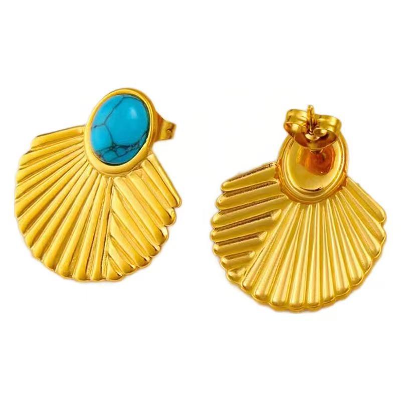 Fashionable European and American ins retro natural stone ribbed fan-shaped stainless steel earrings