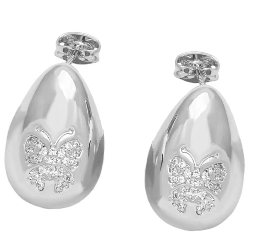 Water droplet silver stainless steel diamond studded earrings