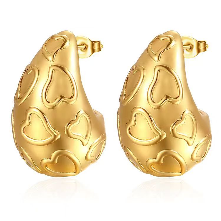 Casting Peach Heart Water Drop Gold Stainless Steel Earrings