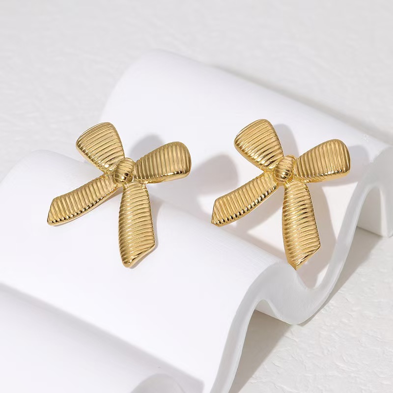 European and American cross-border ins style striped bow 18k gold stainless steel earrings