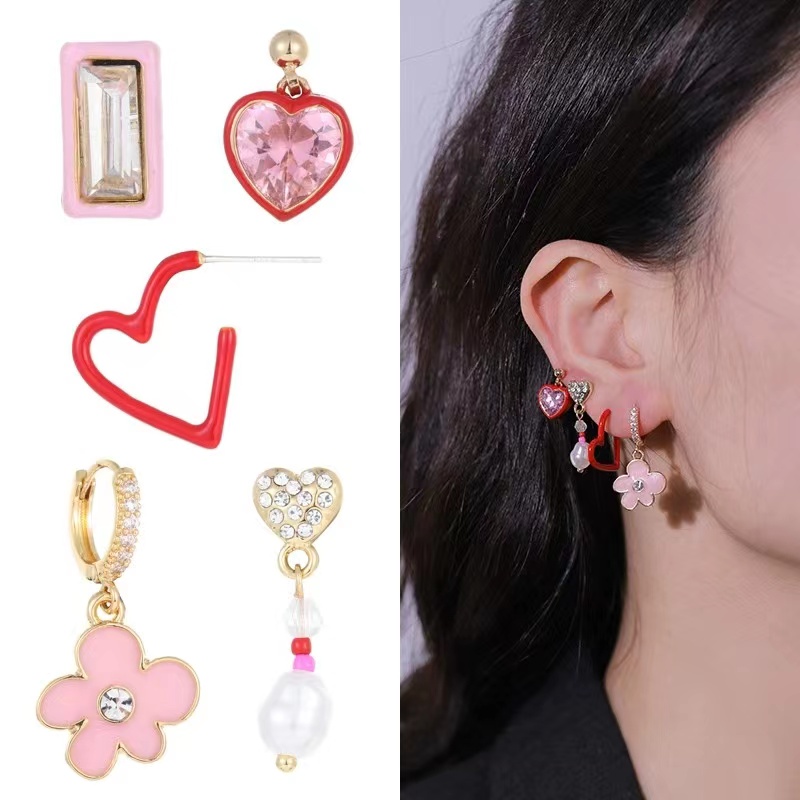 Original design earrings, Valentine's Day series of pink love earrings set combination
