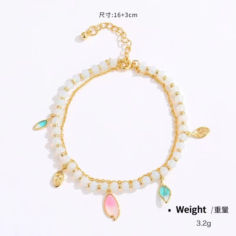 INS wind copper gold-plated hollow drop oil flowers handmade beaded double-row bracelet woman